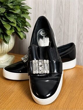 Michael Kors Black Patent Leather Slip-On Sneakers with Crystal Embellishment